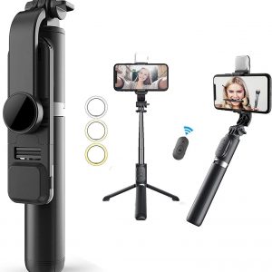 Selfie Stick & Phone Tripod,MQOUNY Portable Selfie Fill Light,Portable All-in-One Professional Travel Tripod with Remote, Compatible with Android/iPhone (Black)